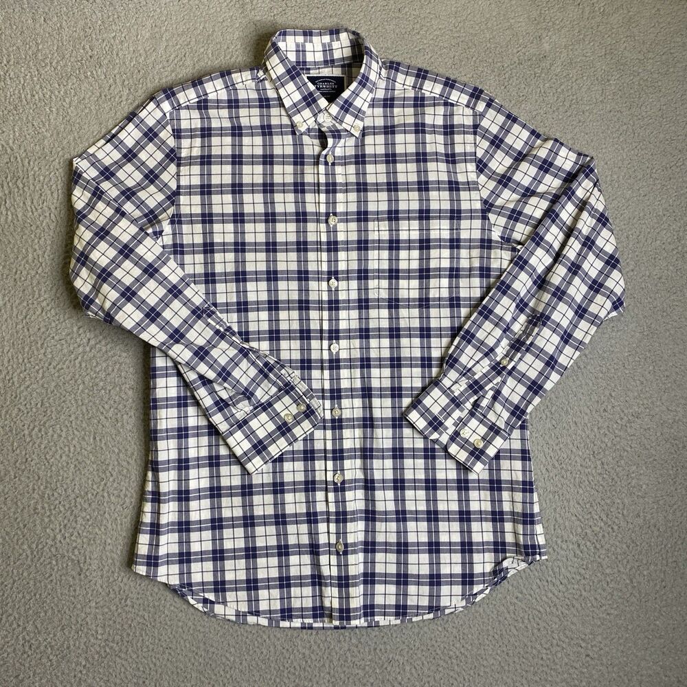 Charles Tyrwhitt Shirt Medium Slim Fit Non Iron Blue Plaid Button Down Preppy